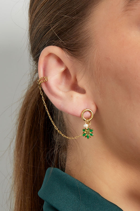 Earcuff met groene bloem - Goud