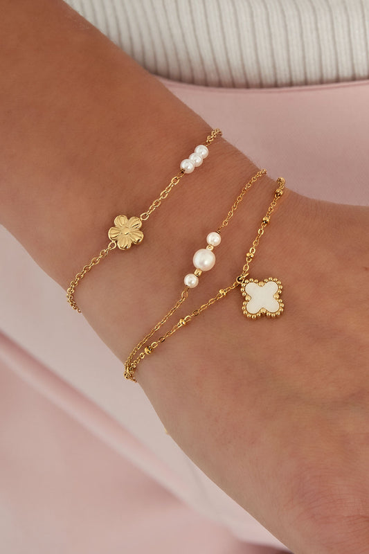 Dubbele armband pearl clover charm - Goud