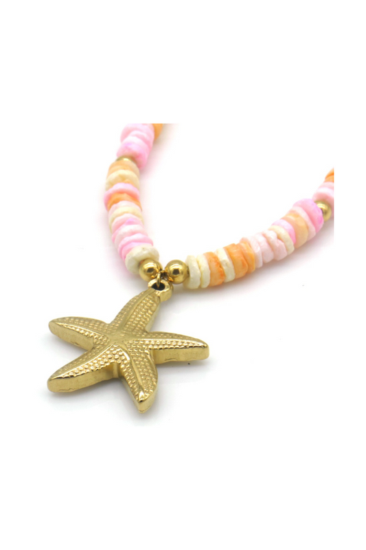 Gekleurde kralen ketting met zeester bedel - Goud