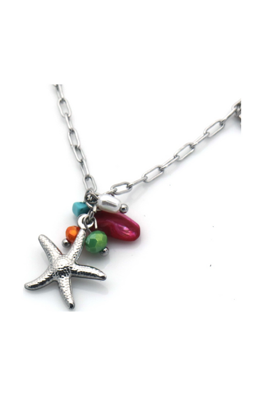 Ketting met zeester en gekleurde kraaltjes - Zilver
