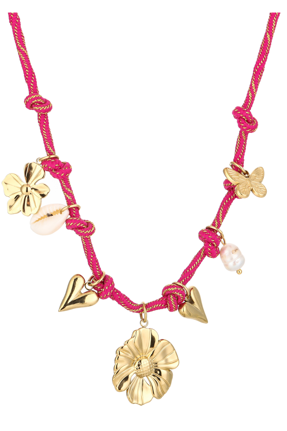 Fushia touw ketting met bloemen bedels - Goud