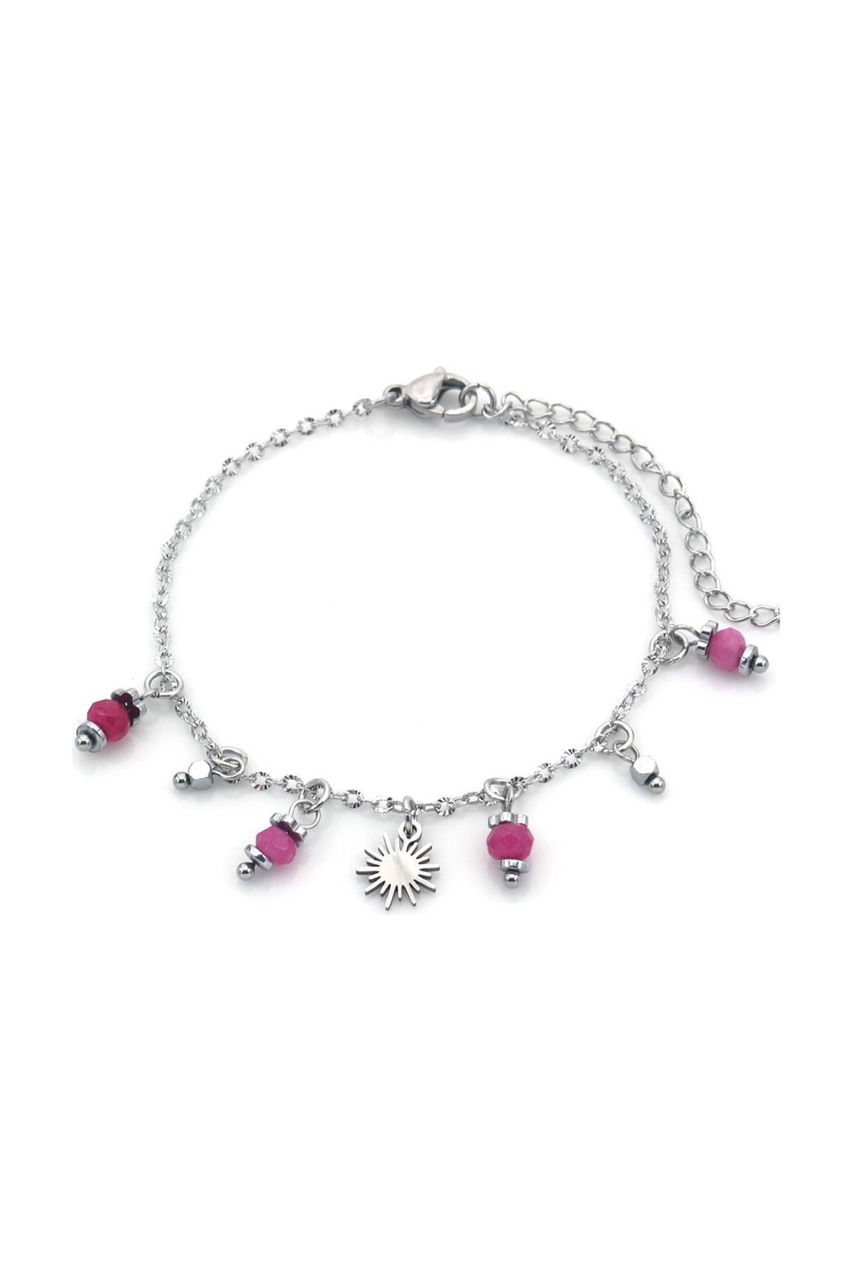 Armband met bedels en roze kraaltjes - Zilver