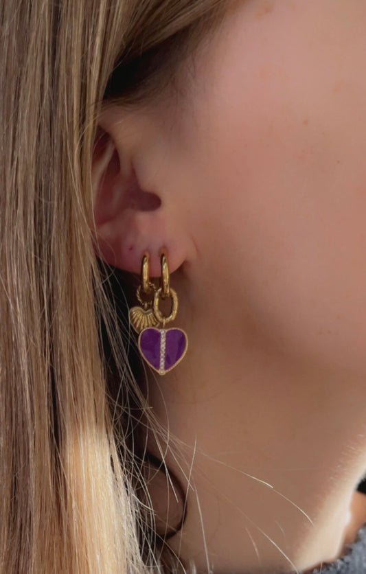 Oorbellen diamond heart paars - Goud