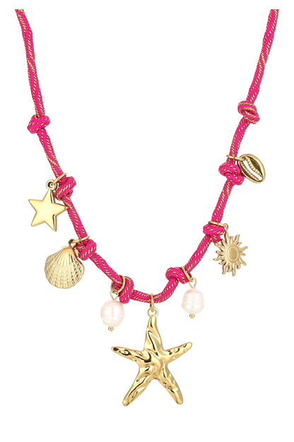 Fushia touw ketting met schelpen bedels - Goud