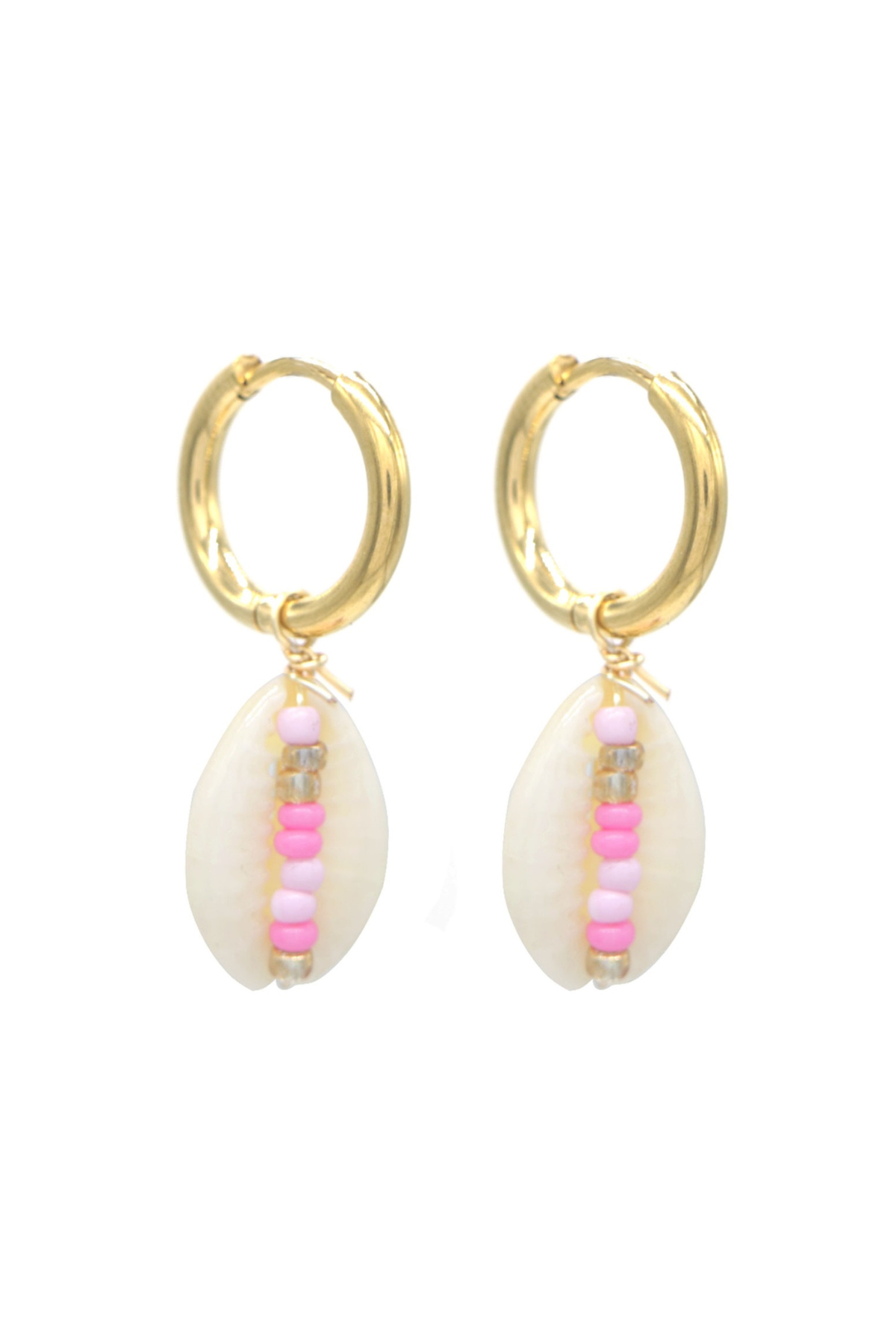 Oorbellen met schelpje en roze kraaltjes - Goud